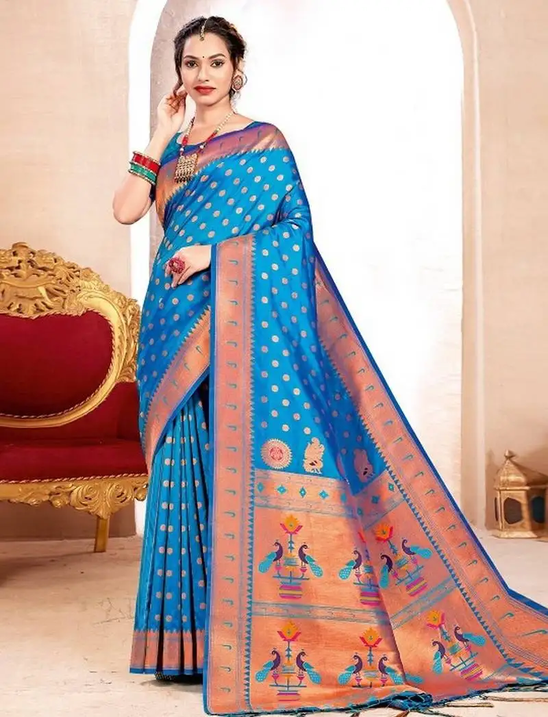 Blue color paithani silk woven designer ceremonial rich looks saree