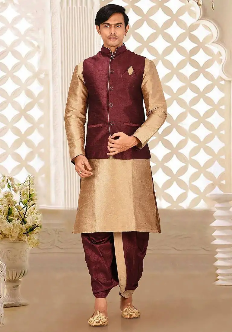 Chikoo dupon art silk kurta, jacket with matching dhoti
