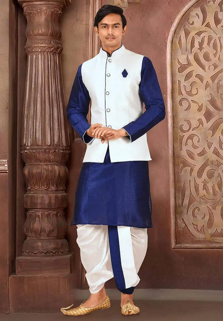 Royal blue dupon art silk kurta, jacket with matching dhoti