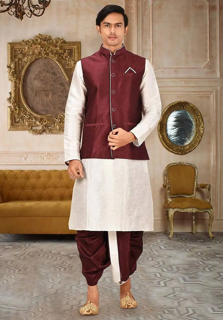 Cream dupon art silk kurta, jacket with matching dhoti