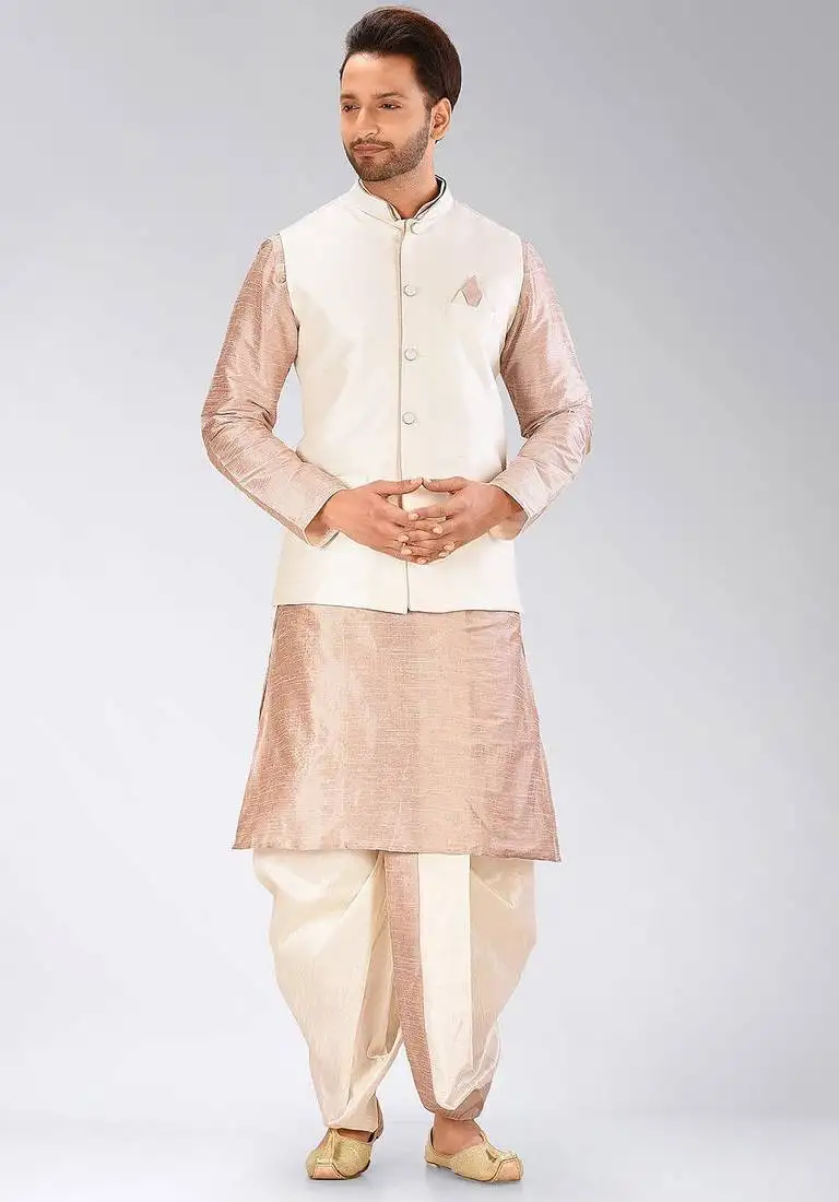Light brown dupon art silk kurta, jacket with matching dhoti