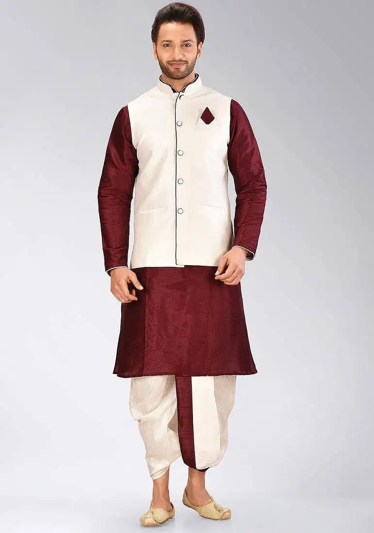 Maroon dupon art silk kurta, jacket with matching dhoti