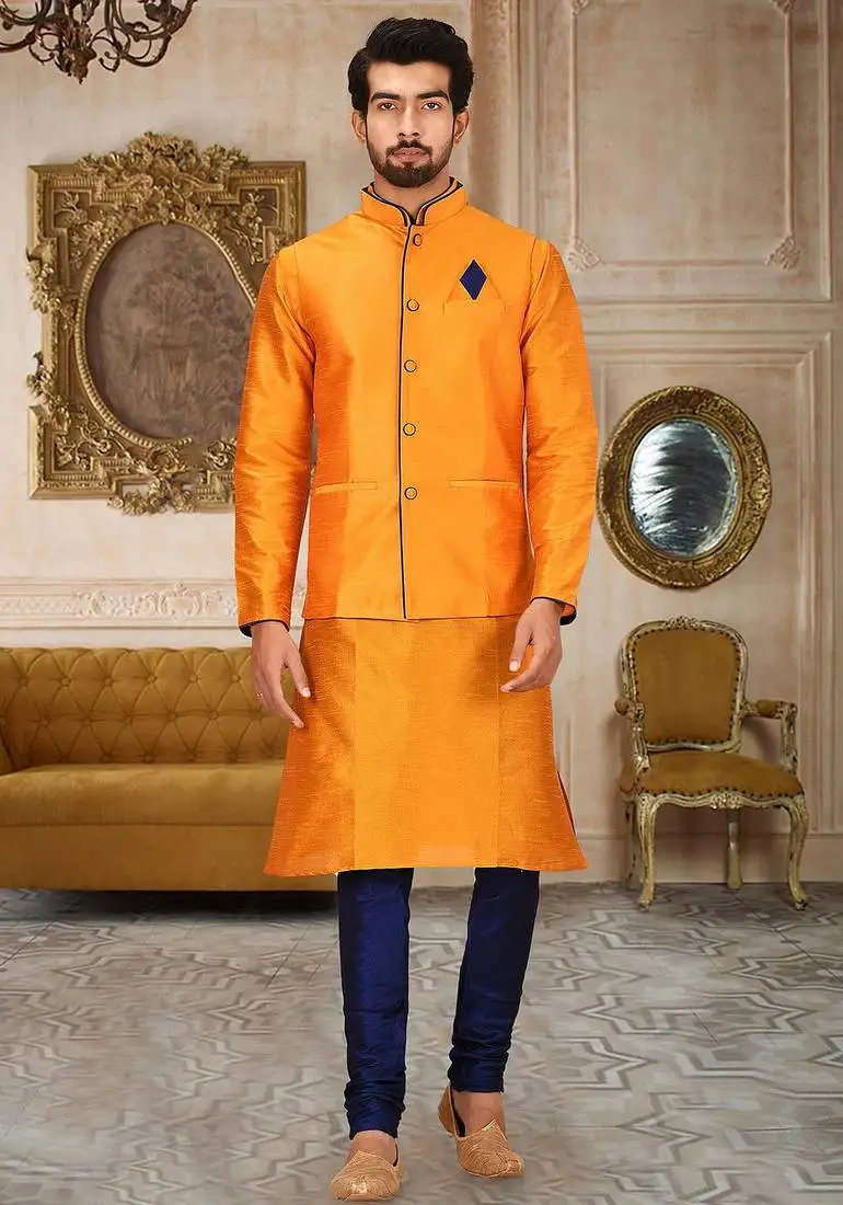 Royal blue dupon art silk kurta, jacket with matching churidar