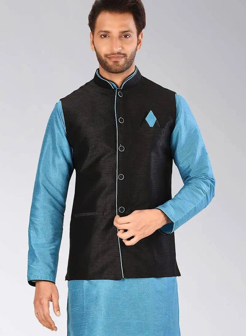 Black dupon art silk nehru jacket with pipepin work