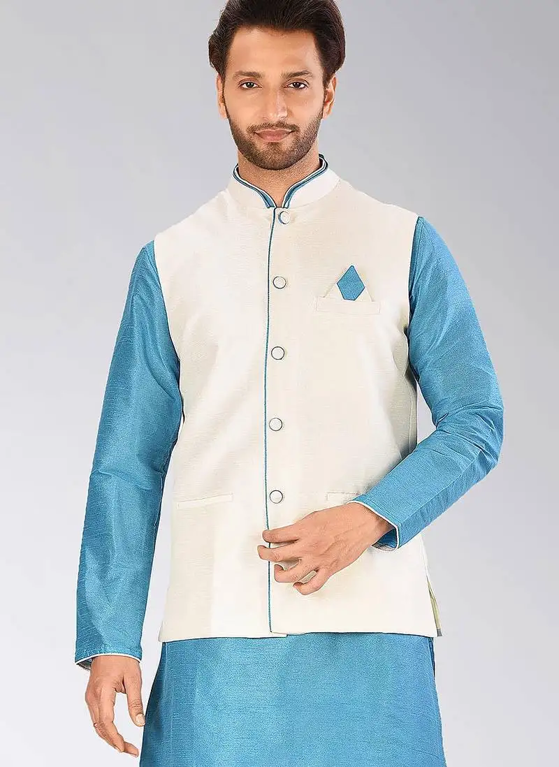 Cream dupon art silk nehru jacket with pipepin work