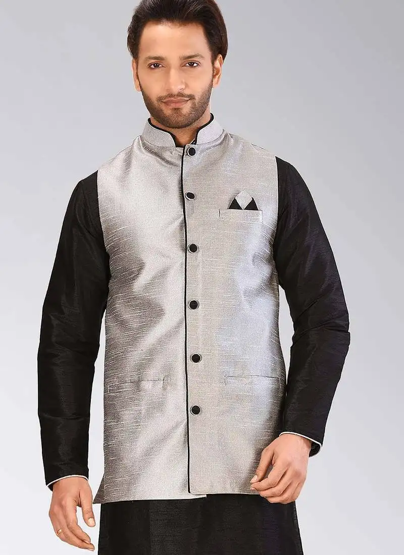Grey dupon art silk nehru jacket with pipepin work