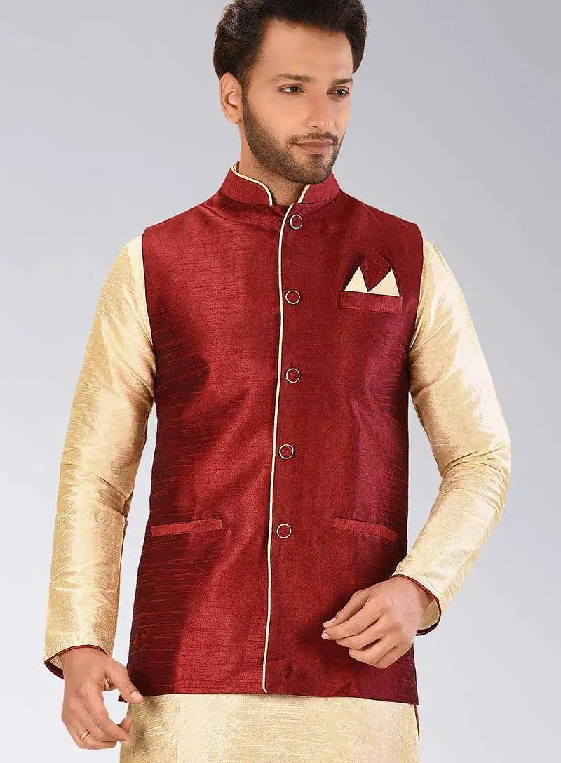 Red dupon art silk nehru jacket with pipepin work