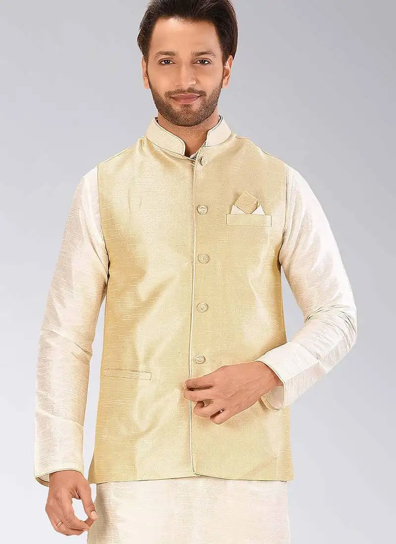 Fawn dupon art silk nehru jacket with pipepin work