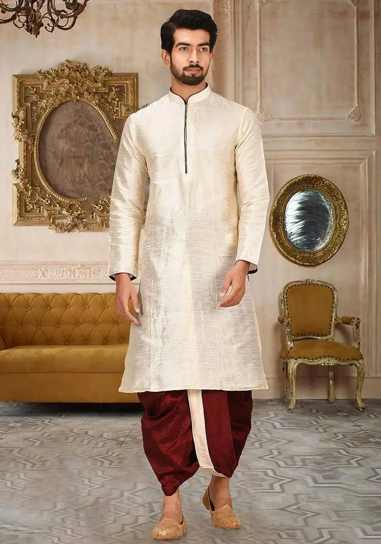 Cream dupon art silk kurta with pipepin work