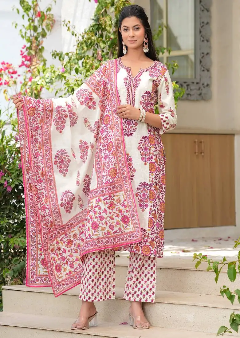 Cotton cream & pink printed kurta with pants & mul dupatta set of 3 stitched