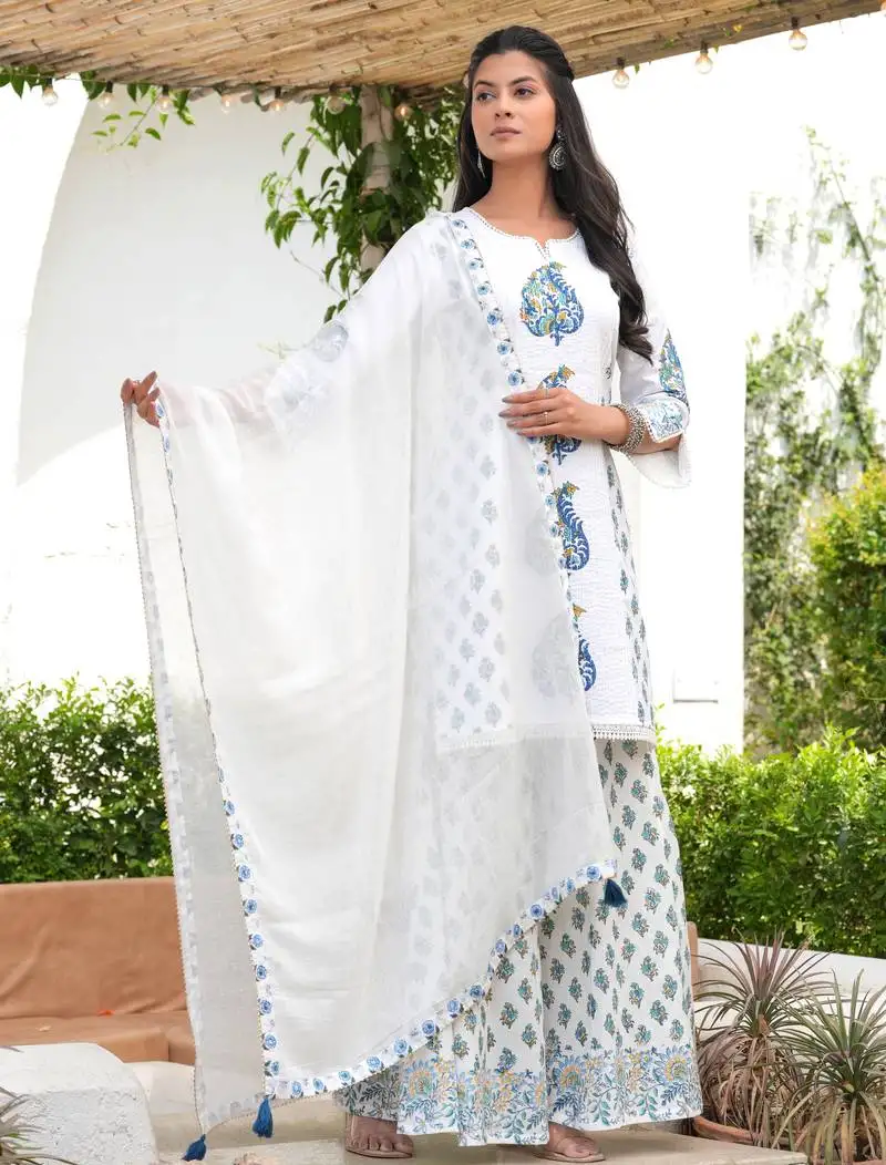 Cotton white & blue hand block print pintuck yoke kurta with sharara & mul dupatta set of 3 stitched