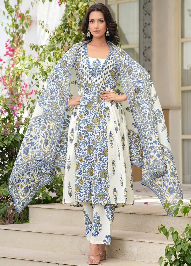 Cotton cream & blue printed anarkali kurta with pants & mul dupatta set of 3 stitched