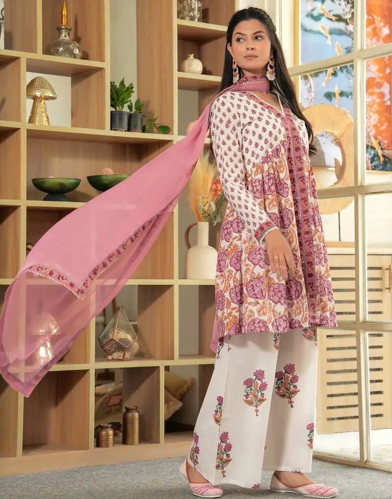Cotton white & pink hand block print gathered kurta with sharara & chiffon dupatta set of 3 stitched