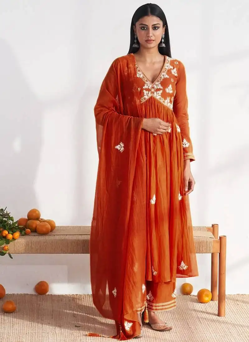 Orange vichitra silk embroidered salwar suit stitched