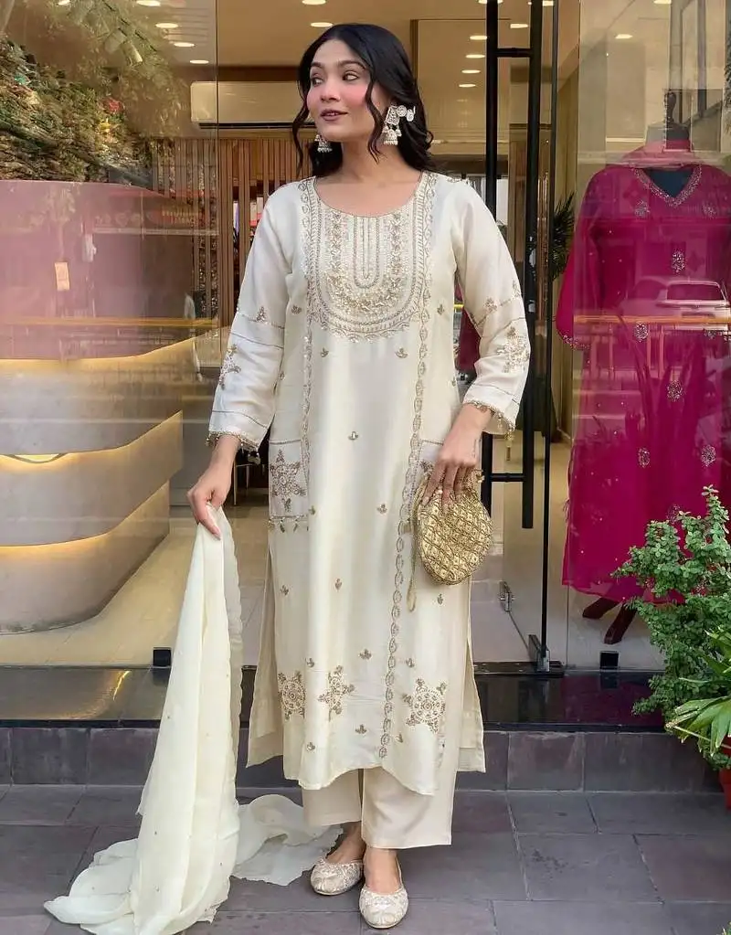 Off white art silk embroidered salwar suit stitched