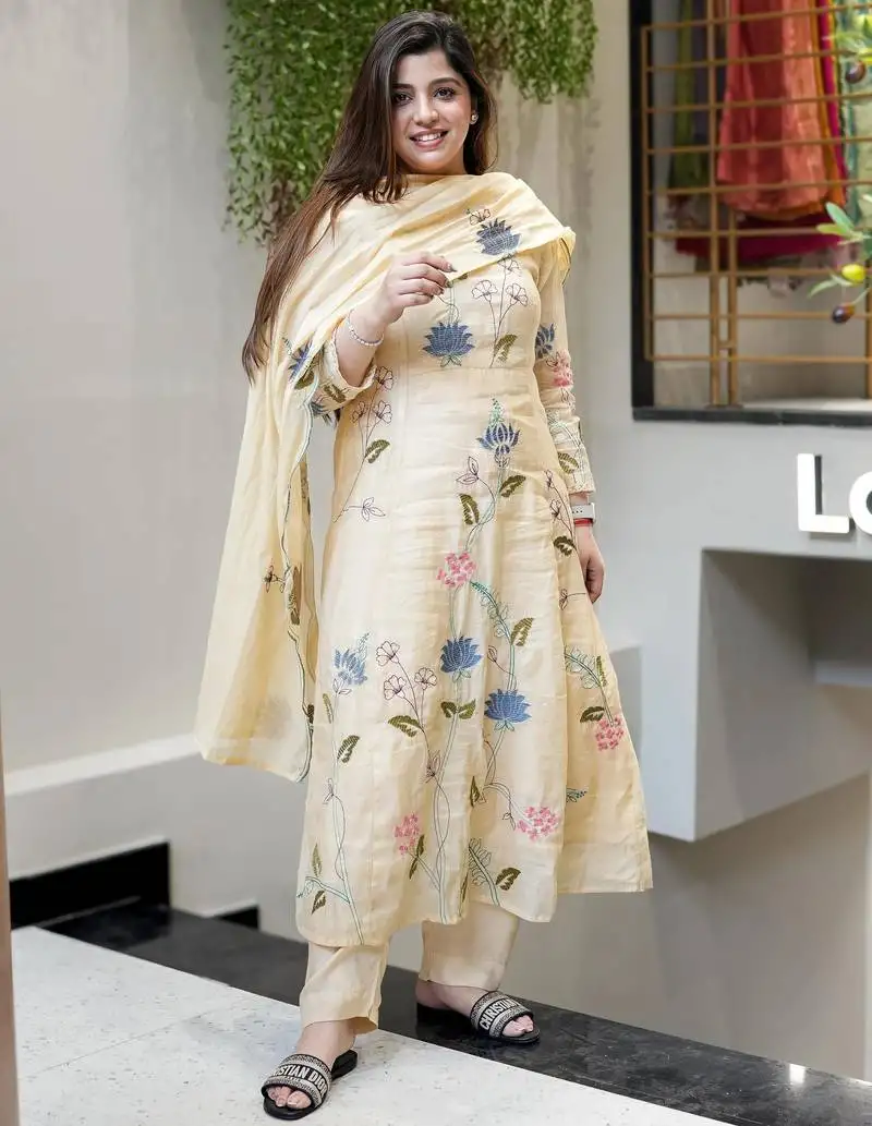 Off white viscose chanderi embroidered salwar suit stitched