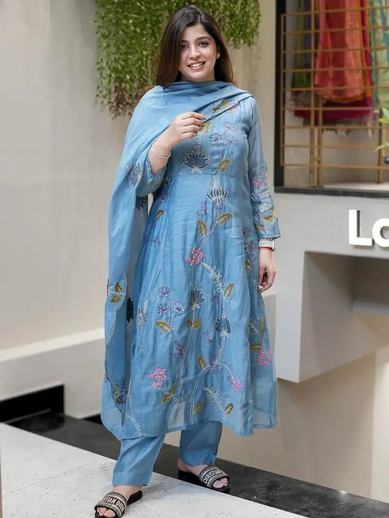 Light blue viscose chanderi embroidered salwar suit stitched