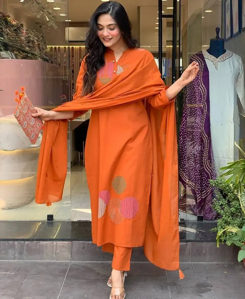 Orange reyon embroidered salwar suit stitched