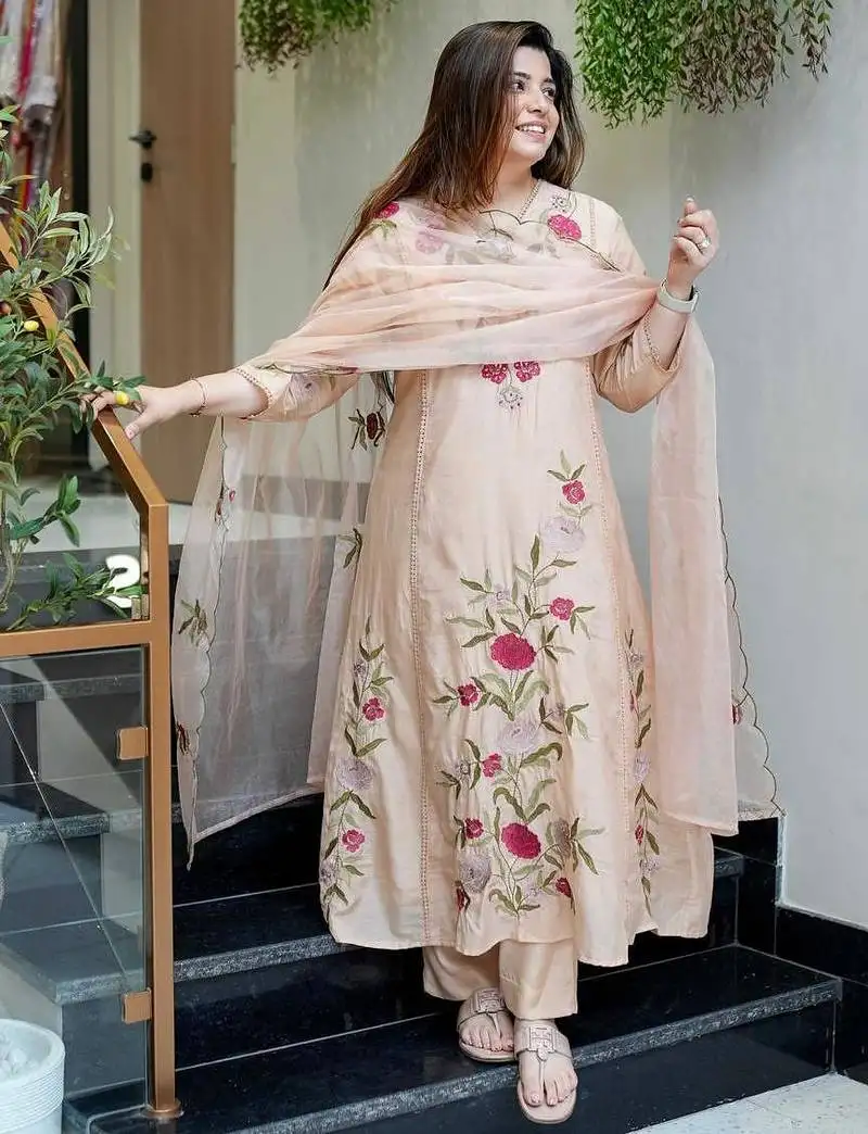 Light peach chanderi silk embroidered salwar suit stitched
