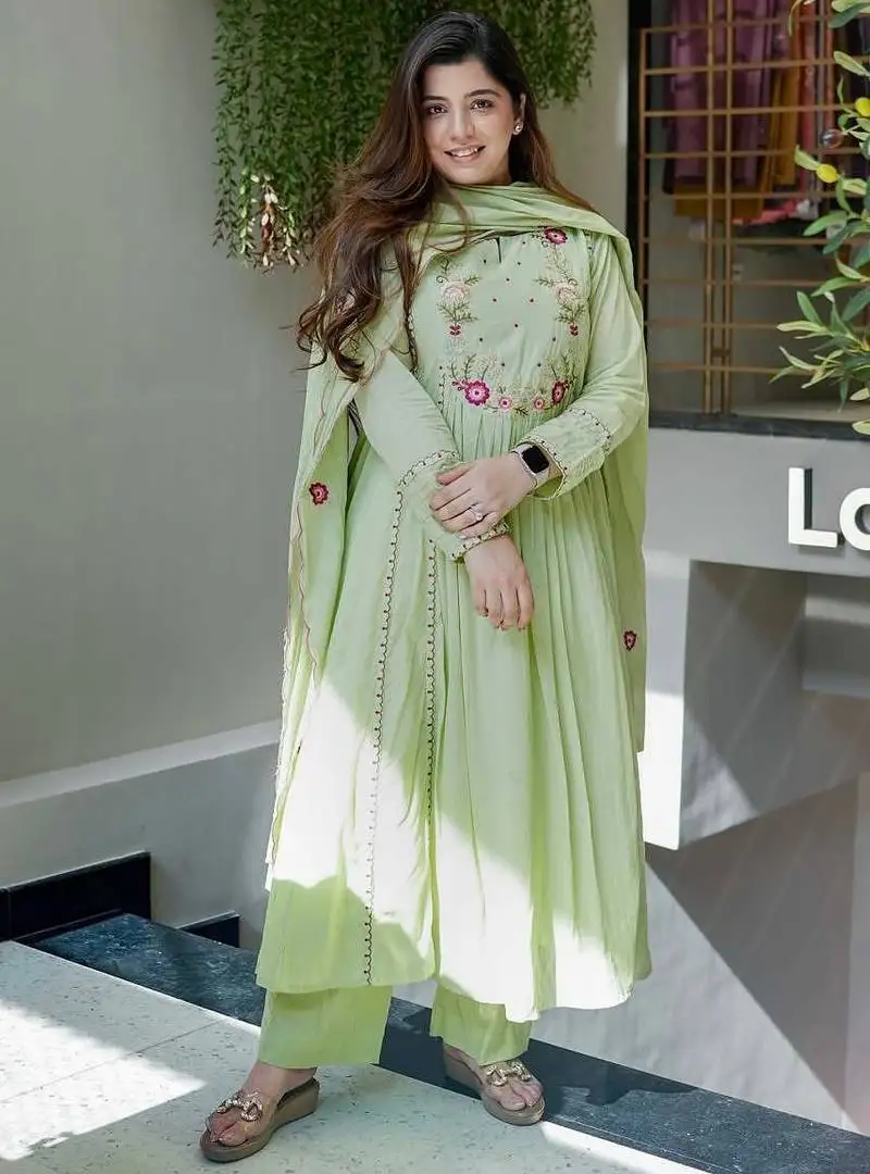 Light green chanderi silk embroidered salwar suit stitched