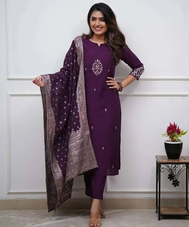 Purple chanderi silk embroidered salwar suit stitched