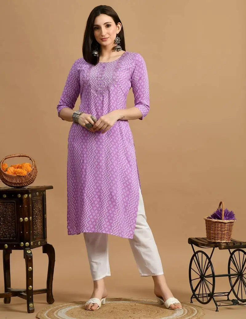 White embroidered chikankari rayon purple a-line kurta