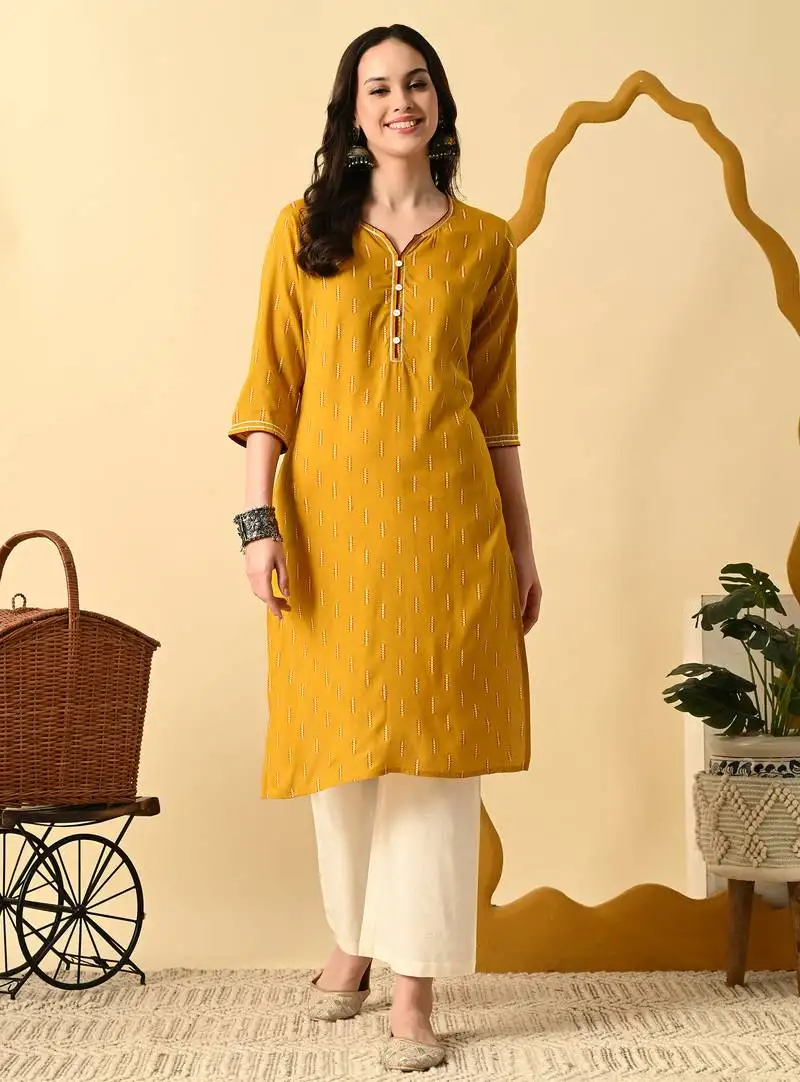 Mustard printed cotton straight kurta for women
