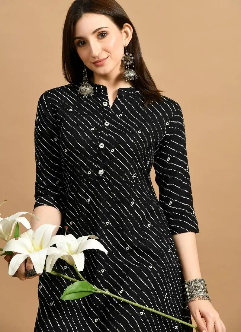 Black printed cotton a-line kurta for women
