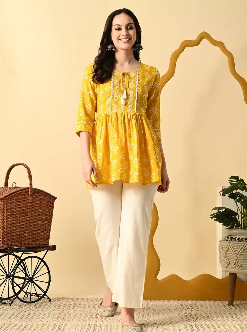 Yellow embroidery rayon short kurta for women