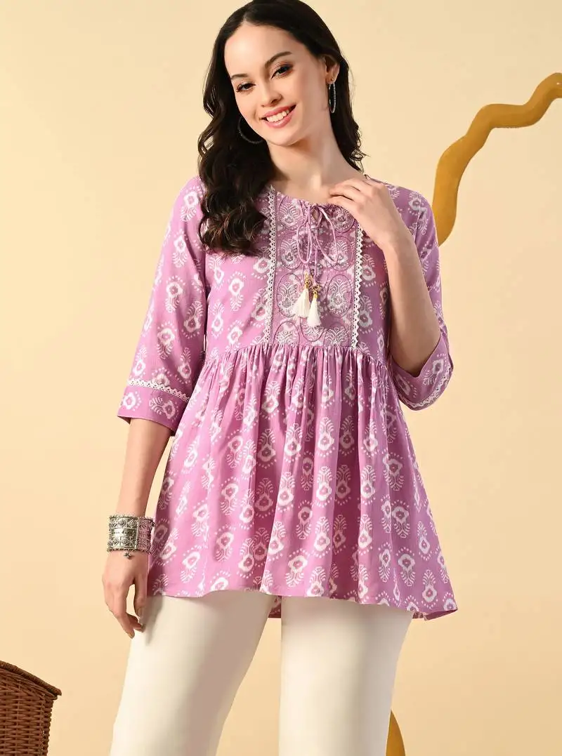 Pink embroidery rayon short kurta for women