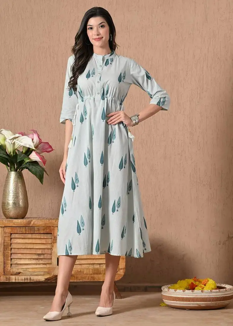 Blue printed cotton a-line kurta for women