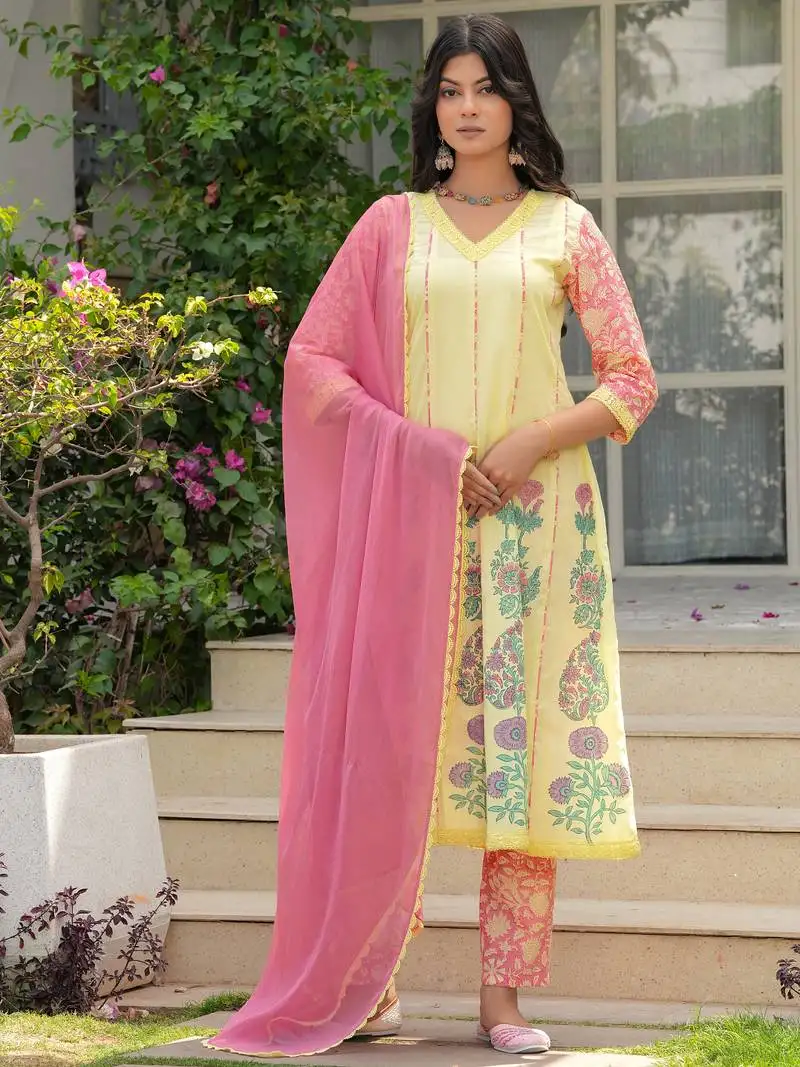 Cotton light yellow hand block placement print anarkali kurta with pants & chiffon dupatta set of 3 stitched