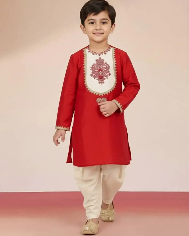 Boys red viscose kurta with cream dhoti - traditional embroidered set