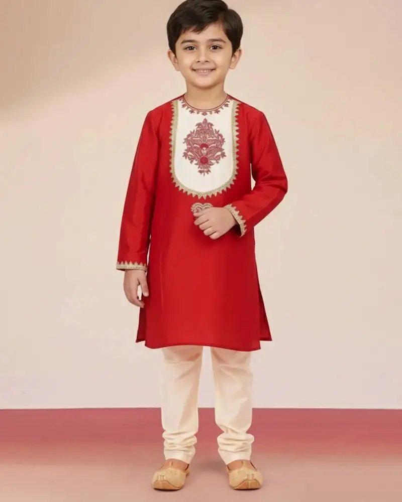 Boys red viscose kurta with cream pyjama - traditional embroidered set