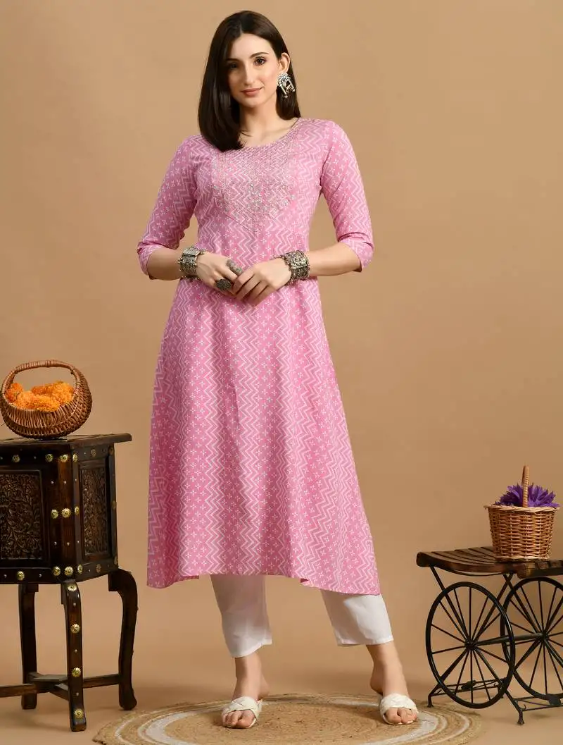 White embroidered chikankari rayon pink a-line kurta