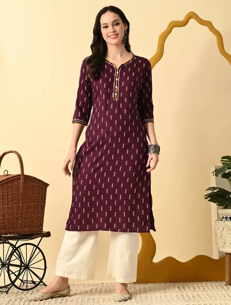 Maroon printed cotton straight kurta for women