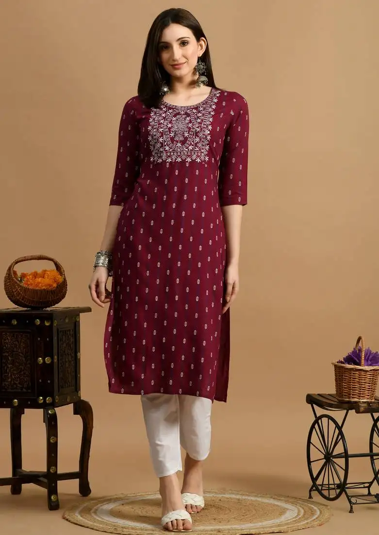 Maroon embroidery cotton straight kurta for women