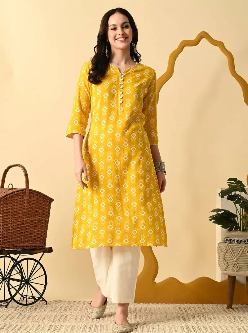 Yellow printed rayon straight kurta for women