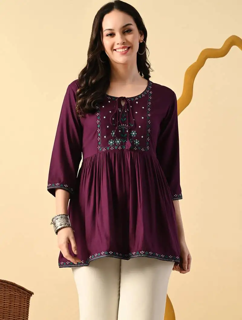 Maroon embroidery rayon short kurta for women