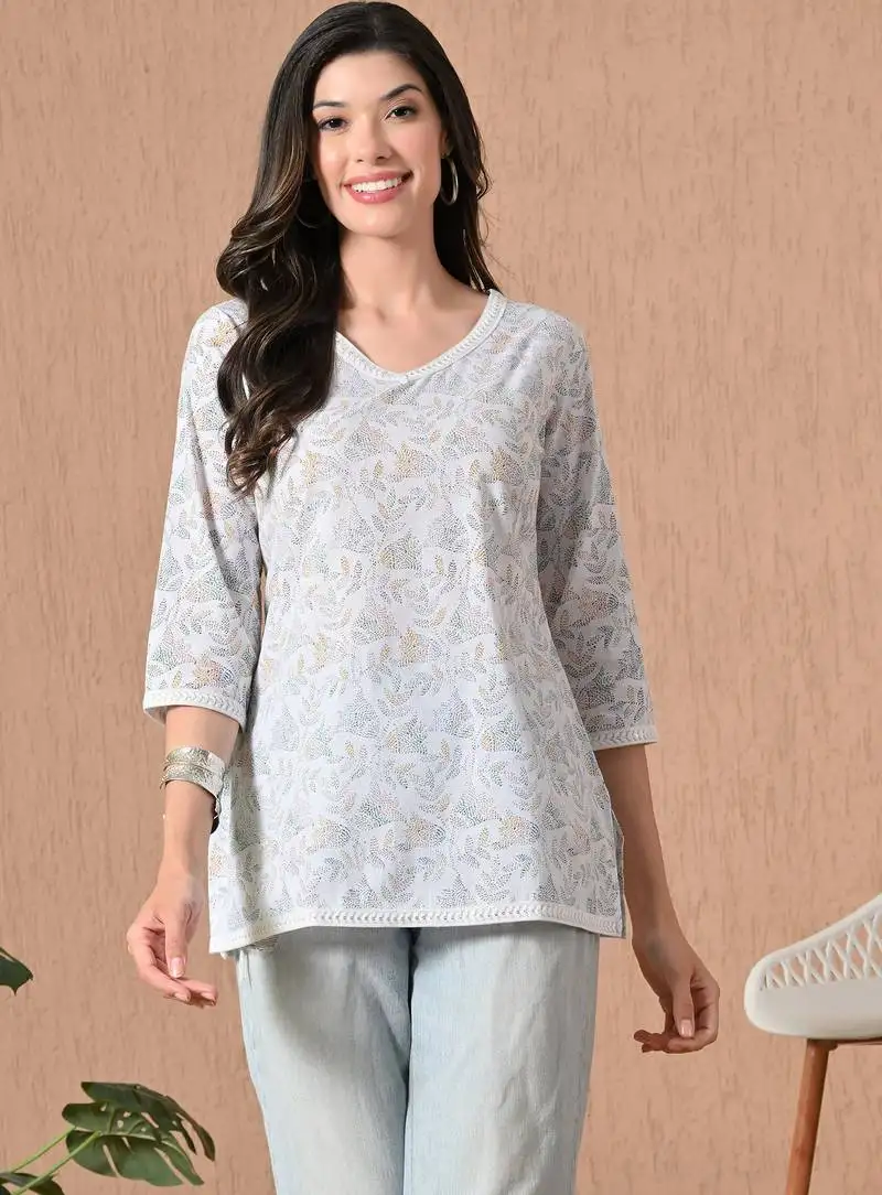 White embroidery cotton short kurta for women
