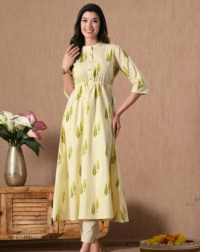 Green printed cotton a-line kurta for women