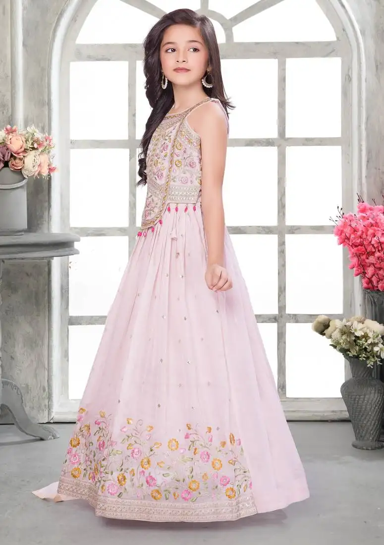 Peach shimmer tissue embriodered blouse and flared lehenga with dupatta