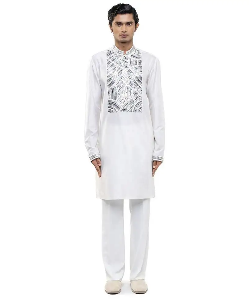 White printed silk kurta set