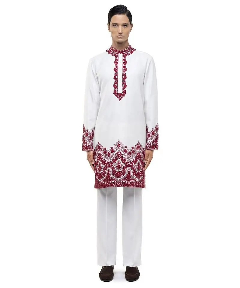 White embroidered silk kurta set