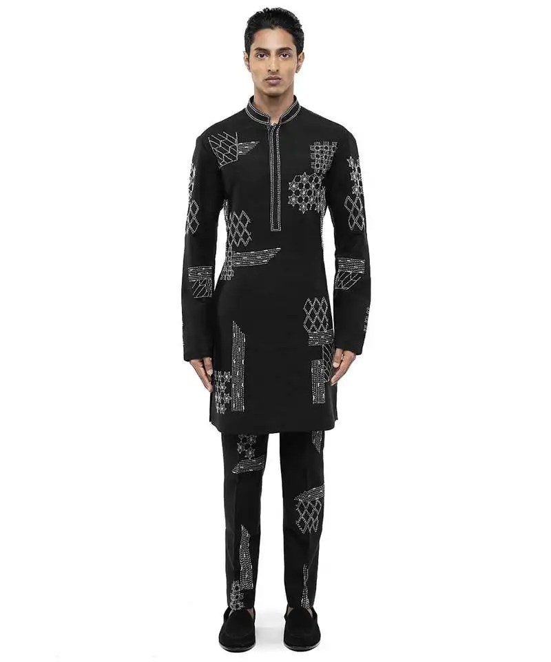 Black embroidered linen kurta set