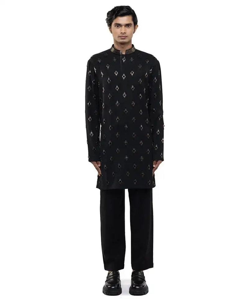 Black embroidered cotton kurta set