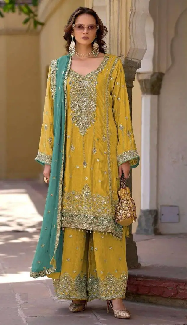 Yellow embroidered chinon semi-stitched palazzo style salwar suit semi stitched