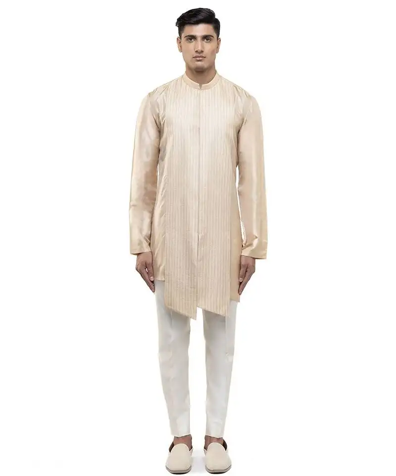 Beige plain linen kurta set