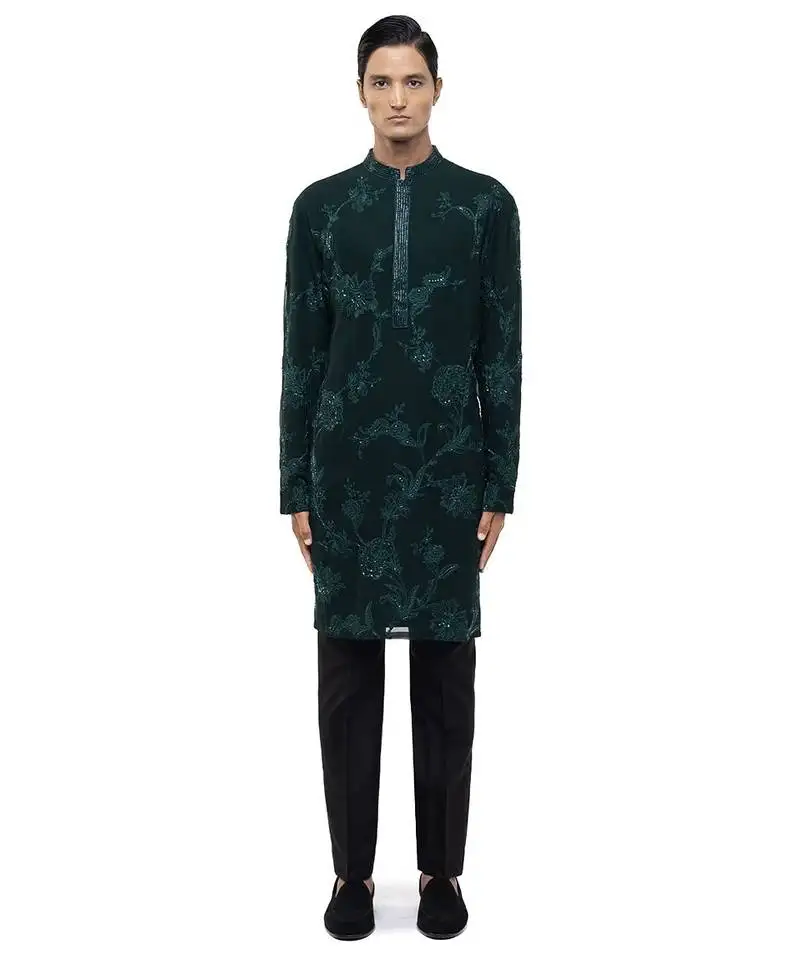 Green embroidered georgette kurta set