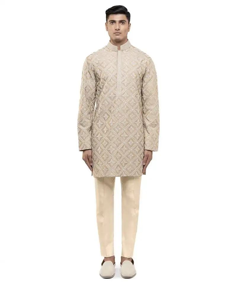 Beige embroidered silk kurta set